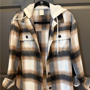 No Boundaries Plaid Hooded Shacket in Tan, Black & Cream